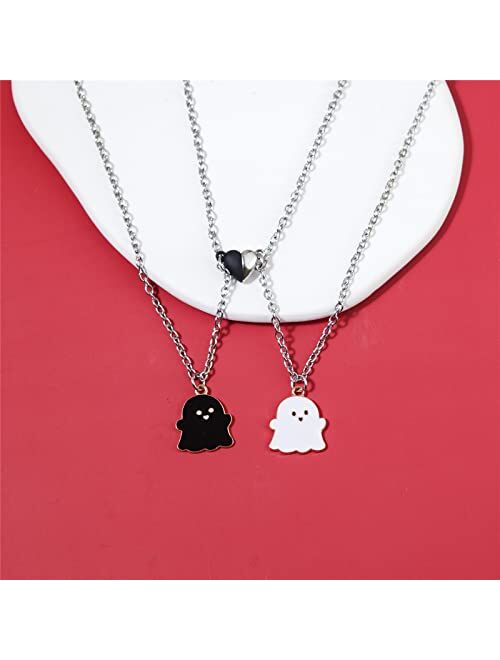 Caiyao 2Pcs Lovely Magnetic Love Heart Ghost Pendant Necklace Set for Women Men Best Friend Girl Boy Teen Enamel Mutual Attract Magnet Couple Matching Necklace Halloween 