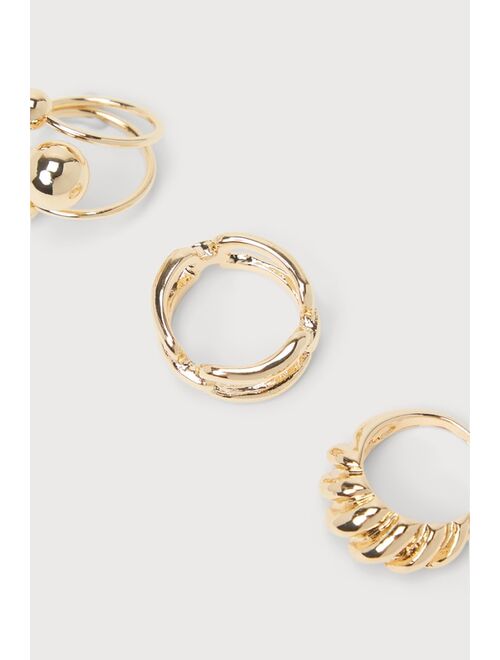 Lulus Exquisite Look Gold Textured Interlocking Statement Ring Set