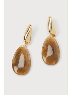Sophisticated Glamour Gold and Brown Marbled Drop Earrings
