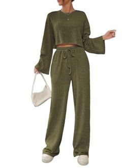GORGLITTER Women's 2 Piece Rib Knit Outfits Drop Shoulder Crop Tee Drawstring Waist Pants Set