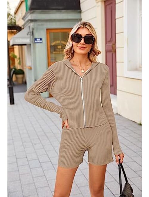 Pink Queen Women's 2 Piece Outfit Long Sleeve Zipper Hoodie Top and Shorts Knit Sweater Lounge Set Track Suit