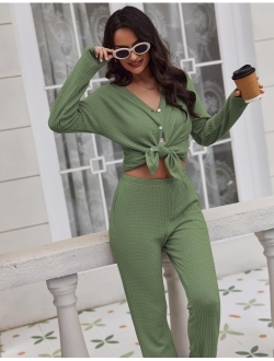 Womens Waffle Knit Pajamas Long Sleeve Lounge Set Button-Down Pjs Loungewear with Pockets