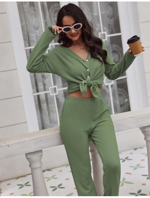 Ekouaer Womens Waffle Knit Pajamas Long Sleeve Lounge Set Button-Down Pjs Loungewear with Pockets