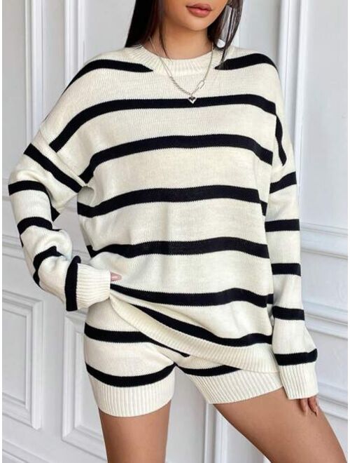 Shein Striped Pattern Drop Shoulder Sweater & Knit Shorts