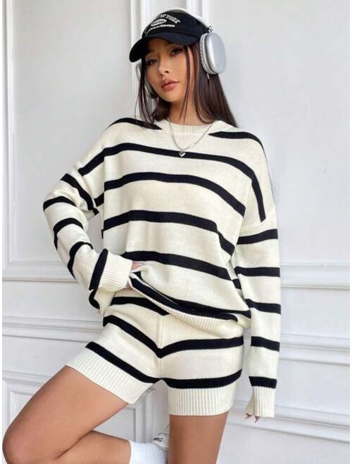 Shein Striped Pattern Drop Shoulder Sweater & Knit Shorts