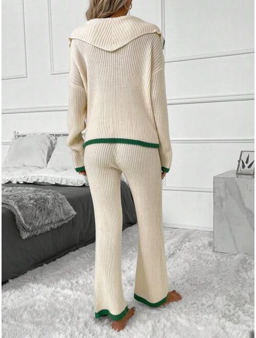 SHEIN Frenchy Contrast Trim Drop Shoulder Sweater & Knit Pants
