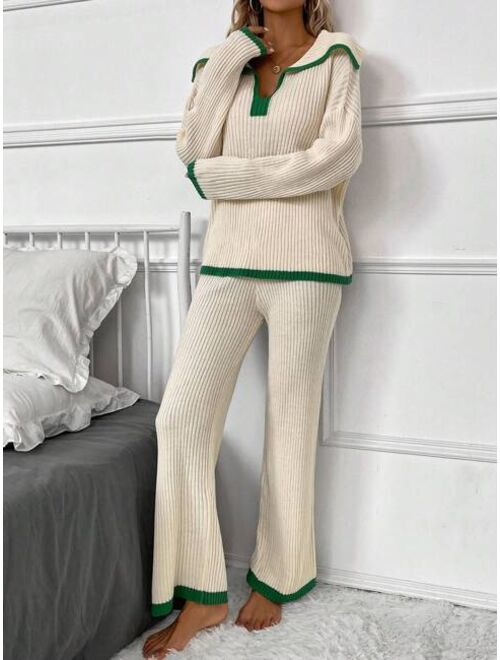 SHEIN Frenchy Contrast Trim Drop Shoulder Sweater & Knit Pants