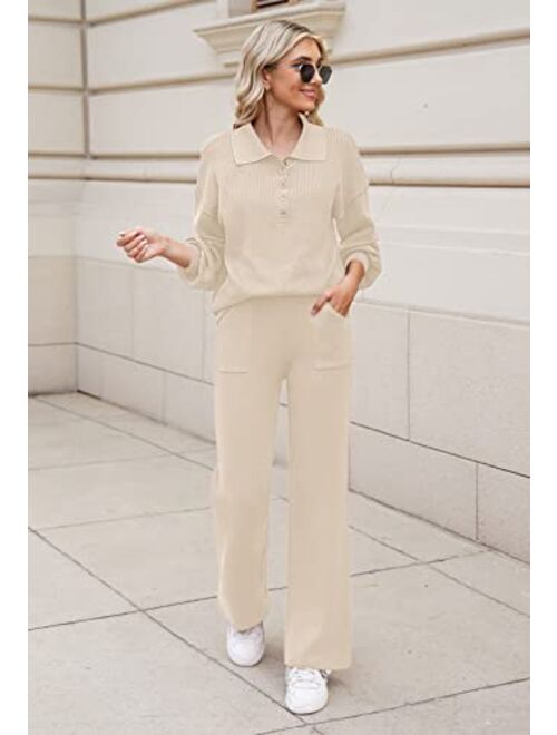 Pink Queen Women's 2 Piece Outfit Sweater Set Long Sleeve Button Knit Pullover Top Wide Leg Pants Pocket Sweatsuit