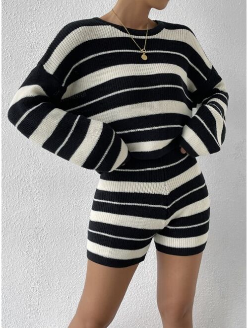 SHEIN Essnce Striped Pattern Drop Shoulder Sweater & Knit Shorts