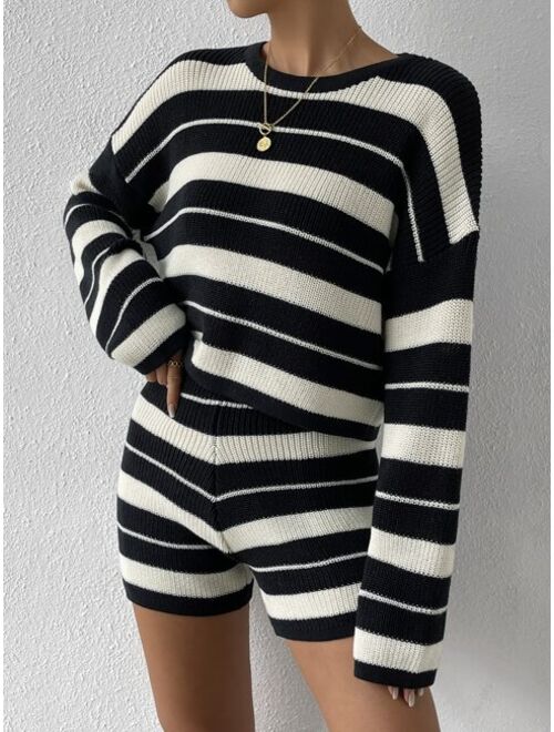 SHEIN Essnce Striped Pattern Drop Shoulder Sweater & Knit Shorts