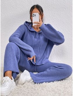 Essnce Ribbed Knit Bishop Sleeve Drawstring Hooded Sweater & Knit Pants