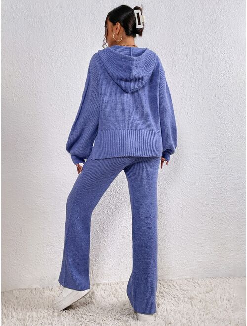SHEIN Essnce Ribbed Knit Bishop Sleeve Drawstring Hooded Sweater & Knit Pants