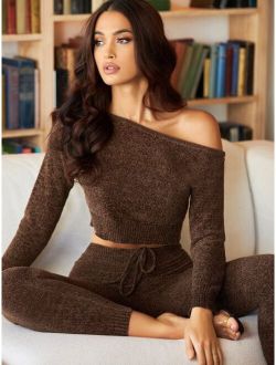 SHEIN Prive Asymmetrical Neck Crop Sweater & Drawstring Waist Pants Set