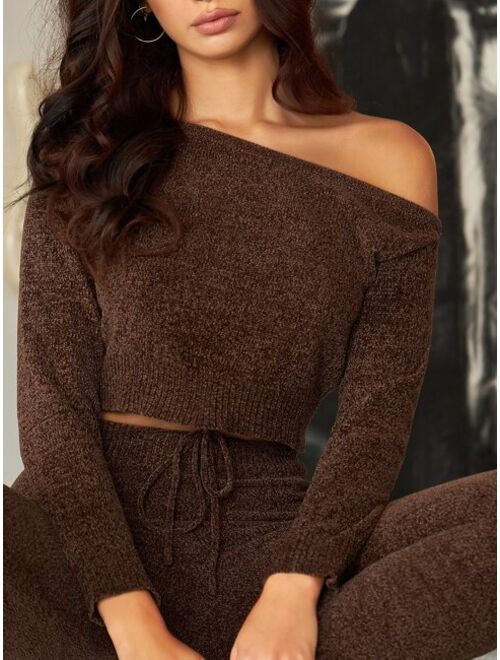SHEIN Prive Asymmetrical Neck Crop Sweater & Drawstring Waist Pants Set