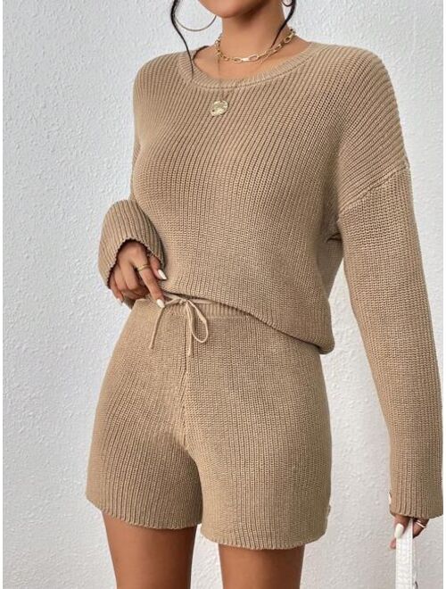 SHEIN Essnce Drop Shoulder Sweater & Drawstring Waist Shorts