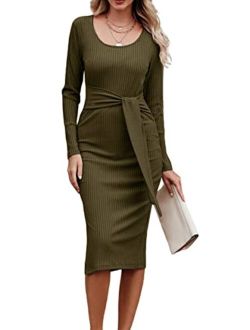 Women's Long Sleeve Square Neck Slit Bodycon Sweater Dress Tie Waist Ribbed Slim Fit Knit Midi Dress