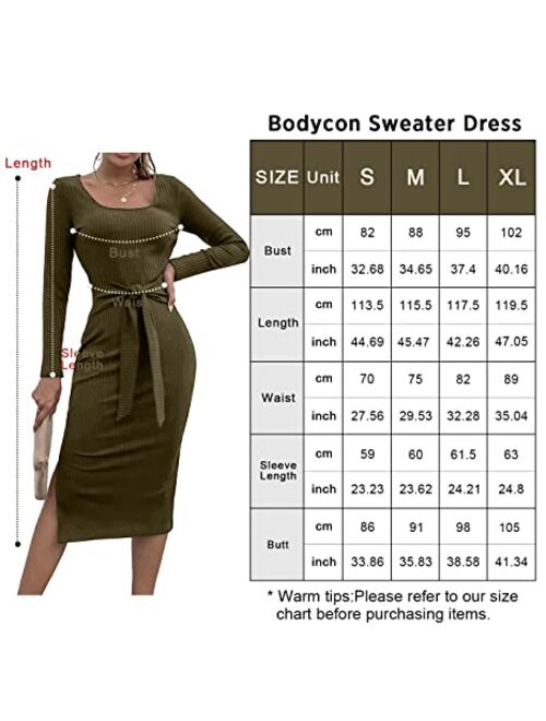 PRETTYGARDEN Women's Long Sleeve Square Neck Slit Bodycon Sweater Dress Tie Waist Ribbed Slim Fit Knit Midi Dress