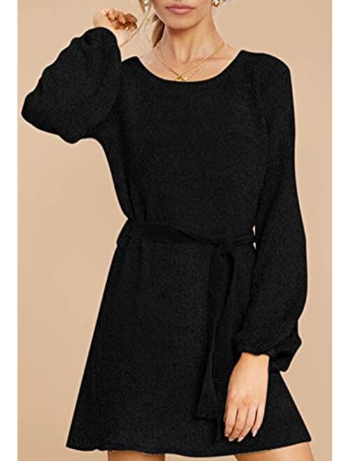 HAPCOPE Women's 2023 Fall Winter Elegant Chenille Sweater Dress Mock Neck Long Sleeve Short Dresses with Belt