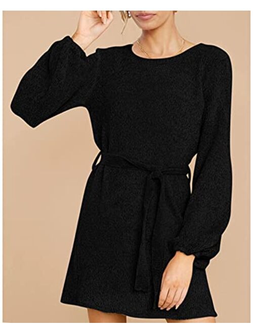 HAPCOPE Women's 2023 Fall Winter Elegant Chenille Sweater Dress Mock Neck Long Sleeve Short Dresses with Belt