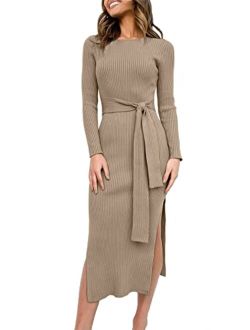 Women's 2023 Fall Elegant Sweater Dress Long Sleeve Crewneck Tie Waist Slim Rib Knit Slit Bodycon Midi Dress