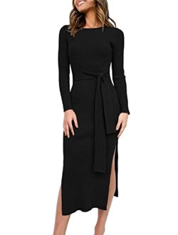 Women's 2023 Fall Elegant Sweater Dress Long Sleeve Crewneck Tie Waist Slim Rib Knit Slit Bodycon Midi Dress