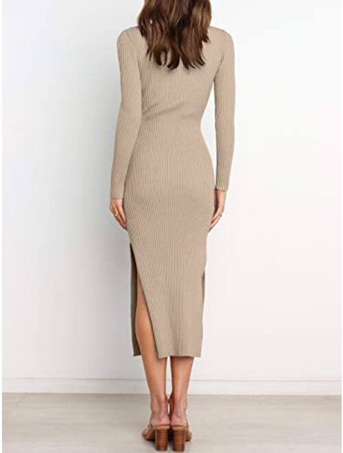 ANRABESS Women's 2023 Fall Elegant Sweater Dress Long Sleeve Crewneck Tie Waist Slim Rib Knit Slit Bodycon Midi Dress