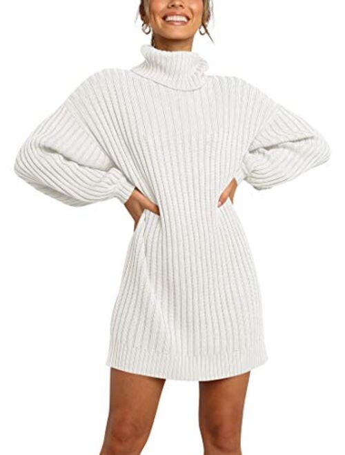 ANRABESS Oversized Sweaters Dress for Women Turtleneck Batwing Sleeve 2023 Fall Winter Casual Short Dress