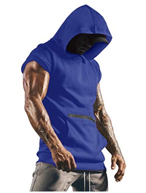 Poriff Mens Workout Tank Tops with Hood Sleeveless Gym t-Shirt Muscles Tees Athletic Pockets