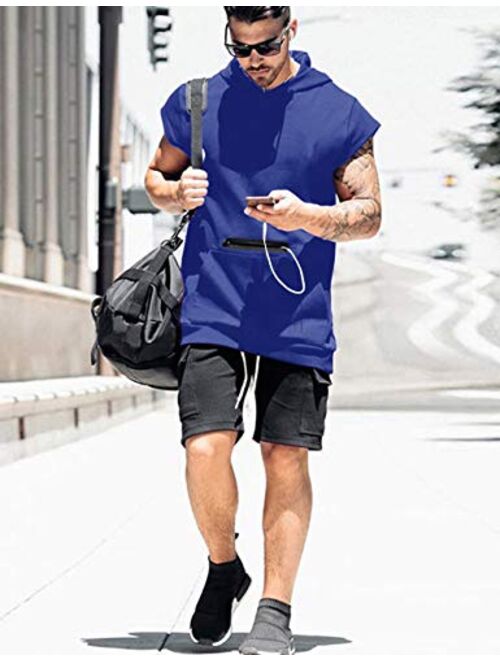 Poriff Mens Workout Tank Tops with Hood Sleeveless Gym t-Shirt Muscles Tees Athletic Pockets