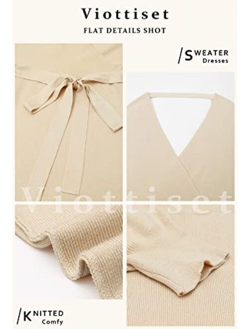 Viottiset Women's V Neck Long Batwing Sleeve Wrap Midi Knit Sweater Dress Elegant Backless with Belt Slit