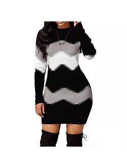 Koinshha Women's Striped Mini Bodycon Sweater Dress Long Sleeve Knitting Pullover