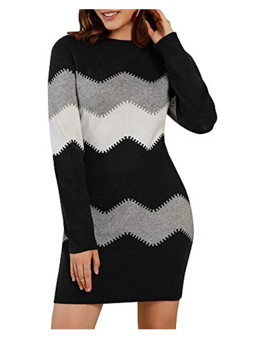 Koinshha Women's Striped Mini Bodycon Sweater Dress Long Sleeve Knitting Pullover