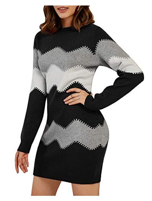Koinshha Women's Striped Mini Bodycon Sweater Dress Long Sleeve Knitting Pullover