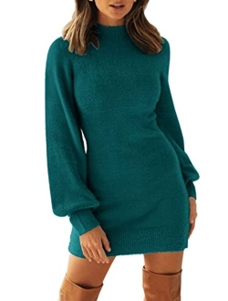 Women's 2023 Casual Turtleneck Long Puff Sleeve Soft Fuzzy Knit Bodycon Pullover Mini Sweater Dress