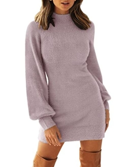 Women's 2023 Casual Turtleneck Long Puff Sleeve Soft Fuzzy Knit Bodycon Pullover Mini Sweater Dress