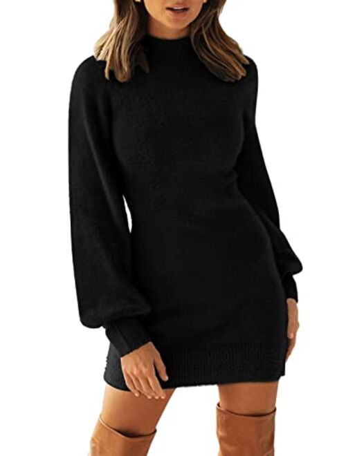 ZESICA Women's 2023 Casual Turtleneck Long Puff Sleeve Soft Fuzzy Knit Bodycon Pullover Mini Sweater Dress