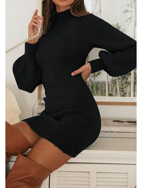 ZESICA Women's 2023 Casual Turtleneck Long Puff Sleeve Soft Fuzzy Knit Bodycon Pullover Mini Sweater Dress