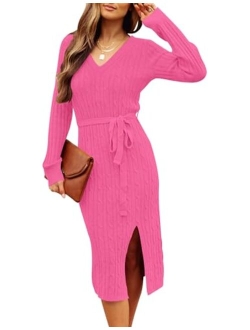Women's V Neck Cable Knit Sweater Dress Long Sleeve Bodycon Slit Pullover Midi Dress with Belt