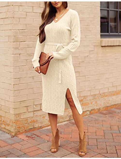 MEROKEETY Women's V Neck Cable Knit Sweater Dress Long Sleeve Bodycon Slit Pullover Midi Dress with Belt
