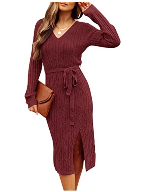 MEROKEETY Women's V Neck Cable Knit Sweater Dress Long Sleeve Bodycon Slit Pullover Midi Dress with Belt