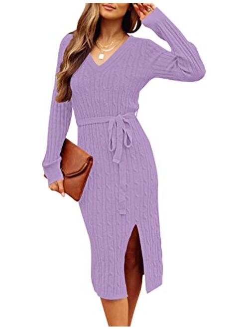 MEROKEETY Women's V Neck Cable Knit Sweater Dress Long Sleeve Bodycon Slit Pullover Midi Dress with Belt