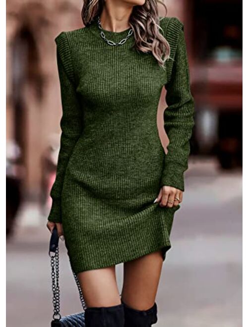 BTFBM Women Sweater Bodycon Short Dress Long Sleeve Crew Neck Slim Fit Solid Dressy Fall Winter Mini Ribbed Knit Dresses