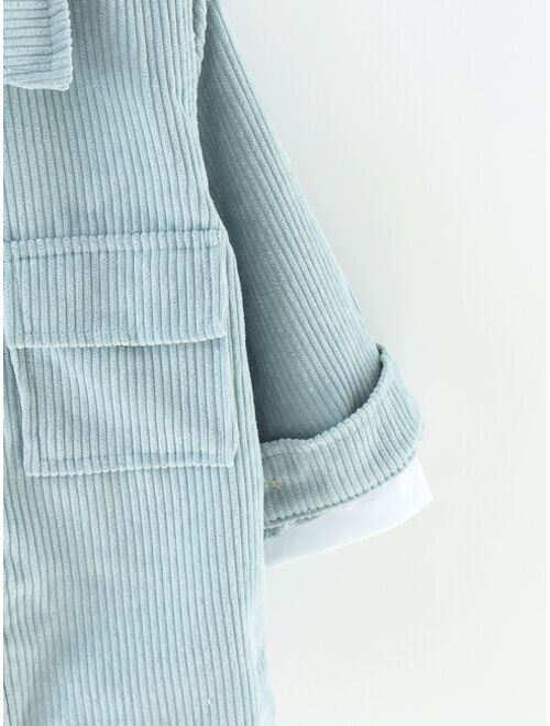 SHEIN Kids EVRYDAY Young Boys' Casual Neutral Solid Color Corduroy Jacket Shirt With Double Pockets And Turn-down Collar, Autumn And Winter (without T-shirt)