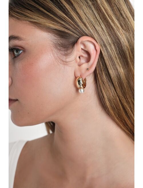 Lulus Undersea Shine Gold Pearl Hinged Hoop Earrings