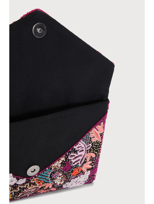 Lulus Vibrant Energy Black Multi Embroidered Beaded Sequin Clutch