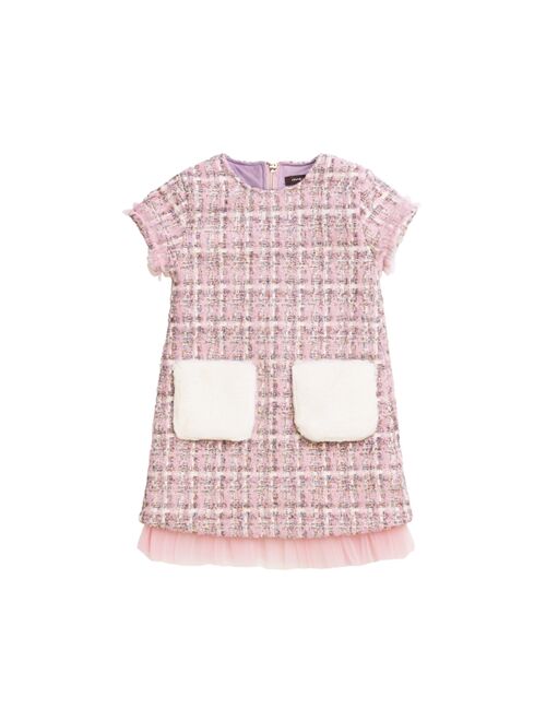IMOGA COLLECTION Little Girls TANNER FW23 LILAC NOVELTY JACQUARD AND FAUX FUR POCKET DRESS