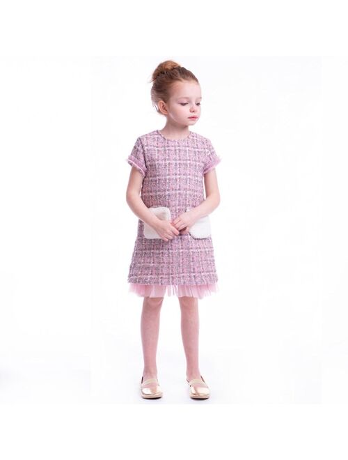 IMOGA COLLECTION Little Girls TANNER FW23 LILAC NOVELTY JACQUARD AND FAUX FUR POCKET DRESS