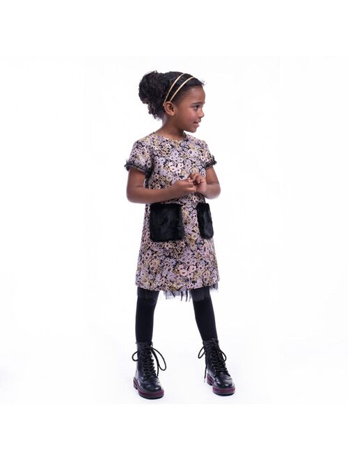 IMOGA COLLECTION Little Girls TANNER FW23 BOUQUET NOVELTY JACQUARD AND FAUX FUR POCKET DRESS