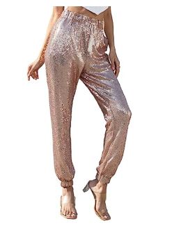 J&DHUASHA Womens Casual Sparkly Sequin Pants High Waist Glitter Joggers Pants Bling Party Skinny Pants