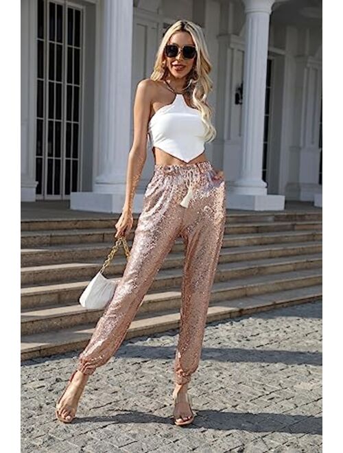 J&DHUASHA Womens Casual Sparkly Sequin Pants High Waist Glitter Joggers Pants Bling Party Skinny Pants